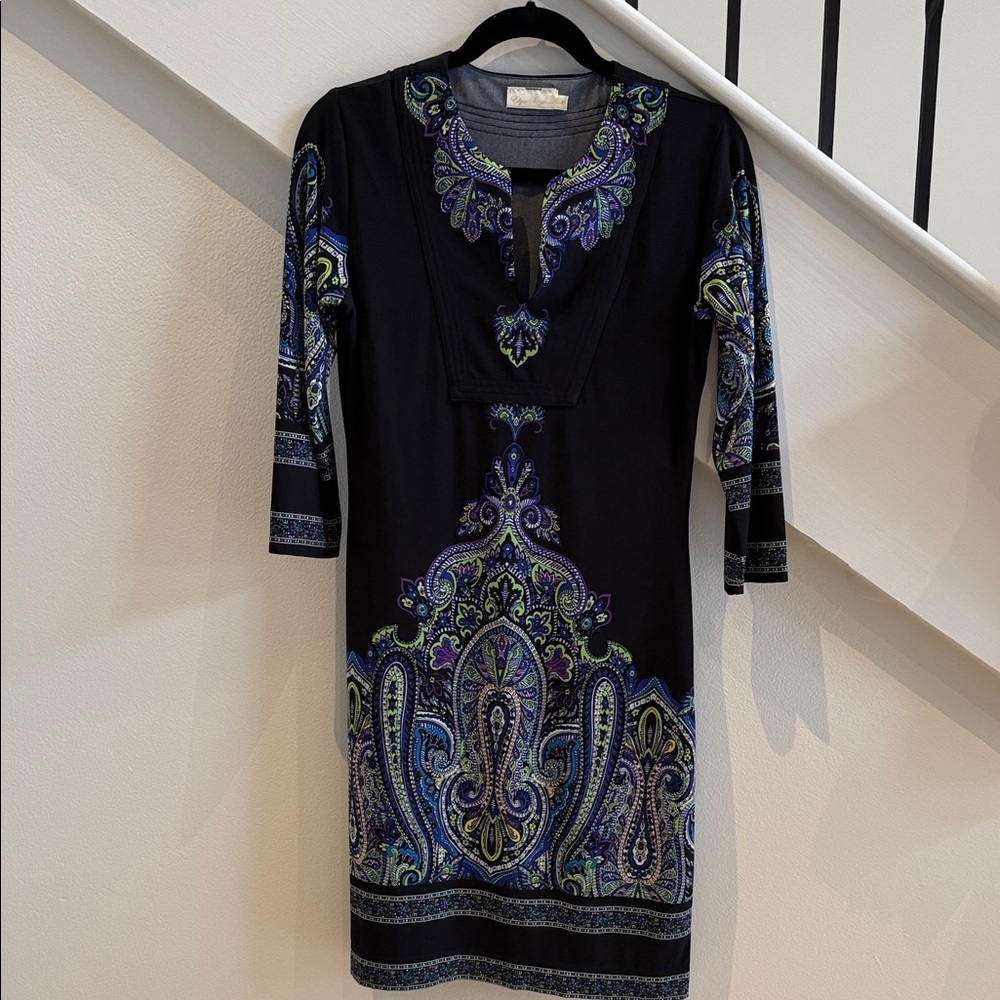 Chic Black W/Blue & Green Paisley Print 3/4 Sleeve Sheath Dress